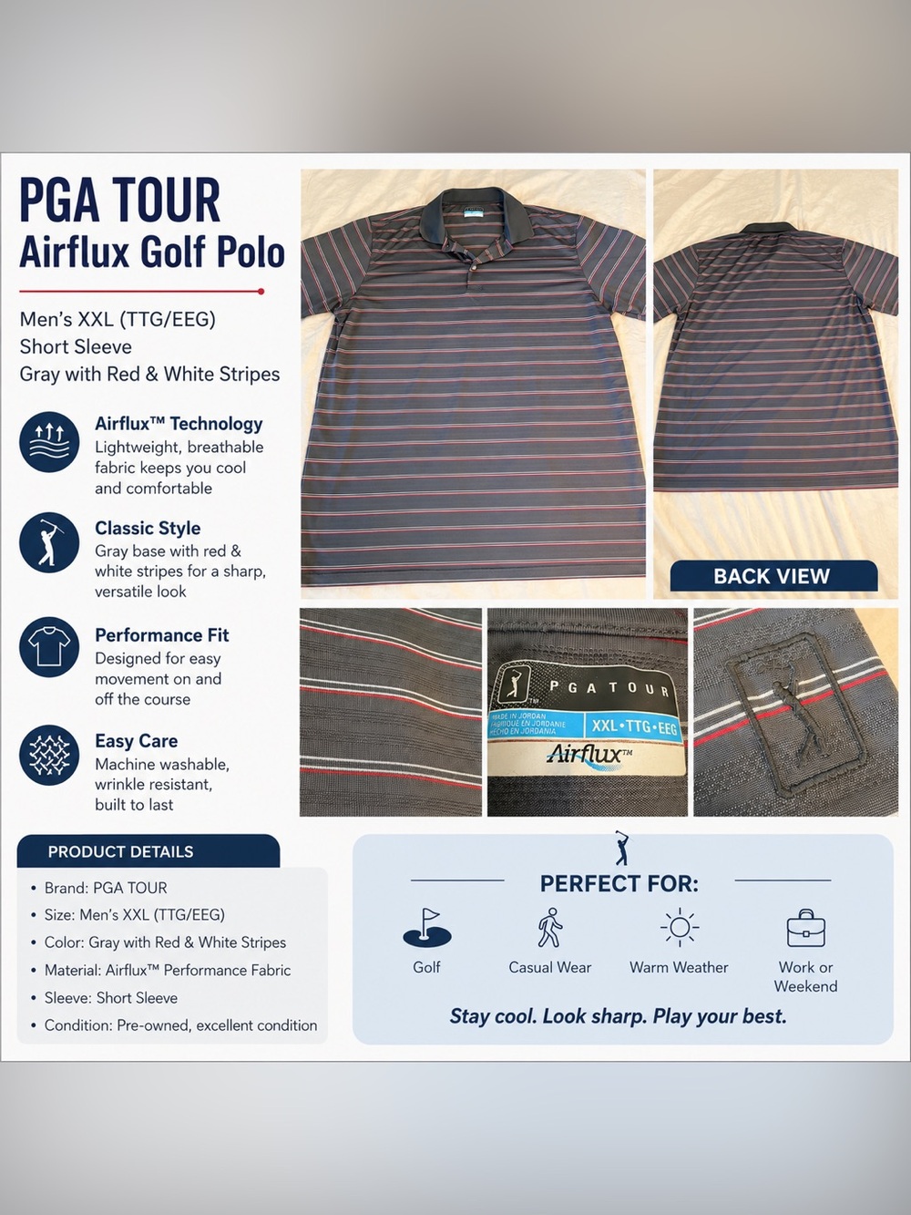 PGA TOUR Gray Polo with Red & White Stripes